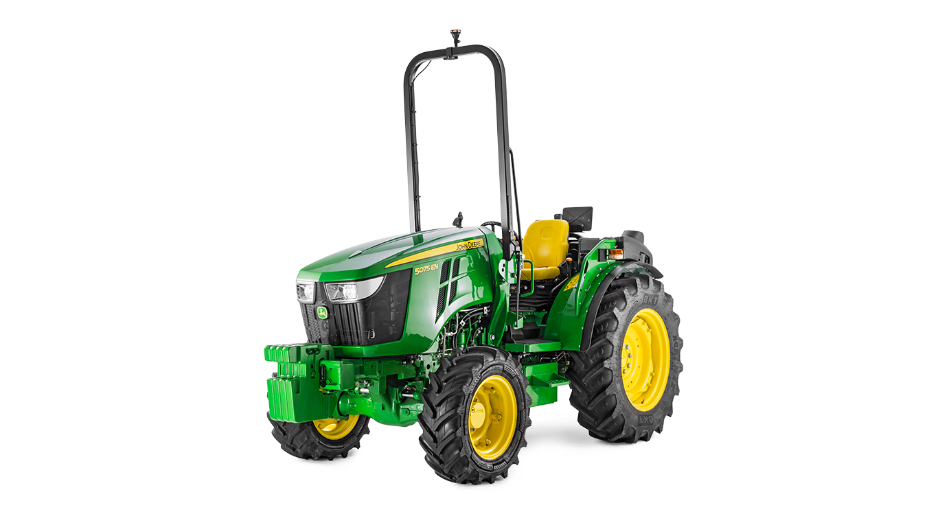 Τρακτέρ John Deere 5075EN σε πράσινο και κίτρινο χρώμα, μπροστινή όψη με συμπαγή σχεδιασμό και ανθεκτικά ελαστικά.