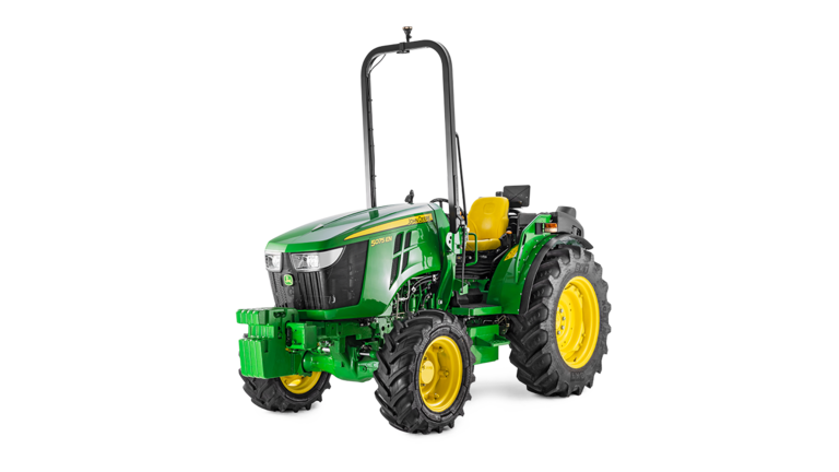 Τρακτέρ John Deere 5075EN σε πράσινο και κίτρινο χρώμα, μπροστινή όψη με συμπαγή σχεδιασμό και ανθεκτικά ελαστικά.