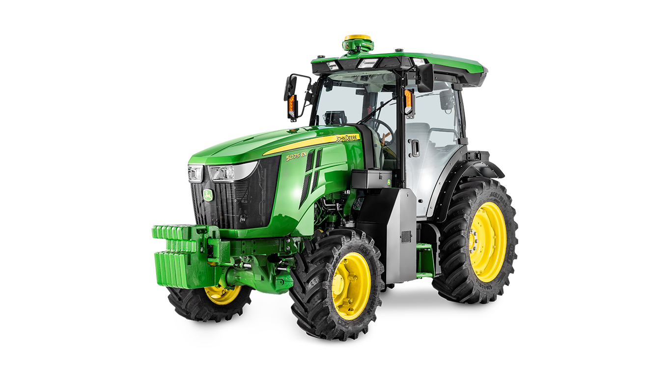 Τρακτέρ 5075EN της John Deere με πράσινο και κίτρινο χρώμα, σε μπροστινή όψη τριών τετάρτων.