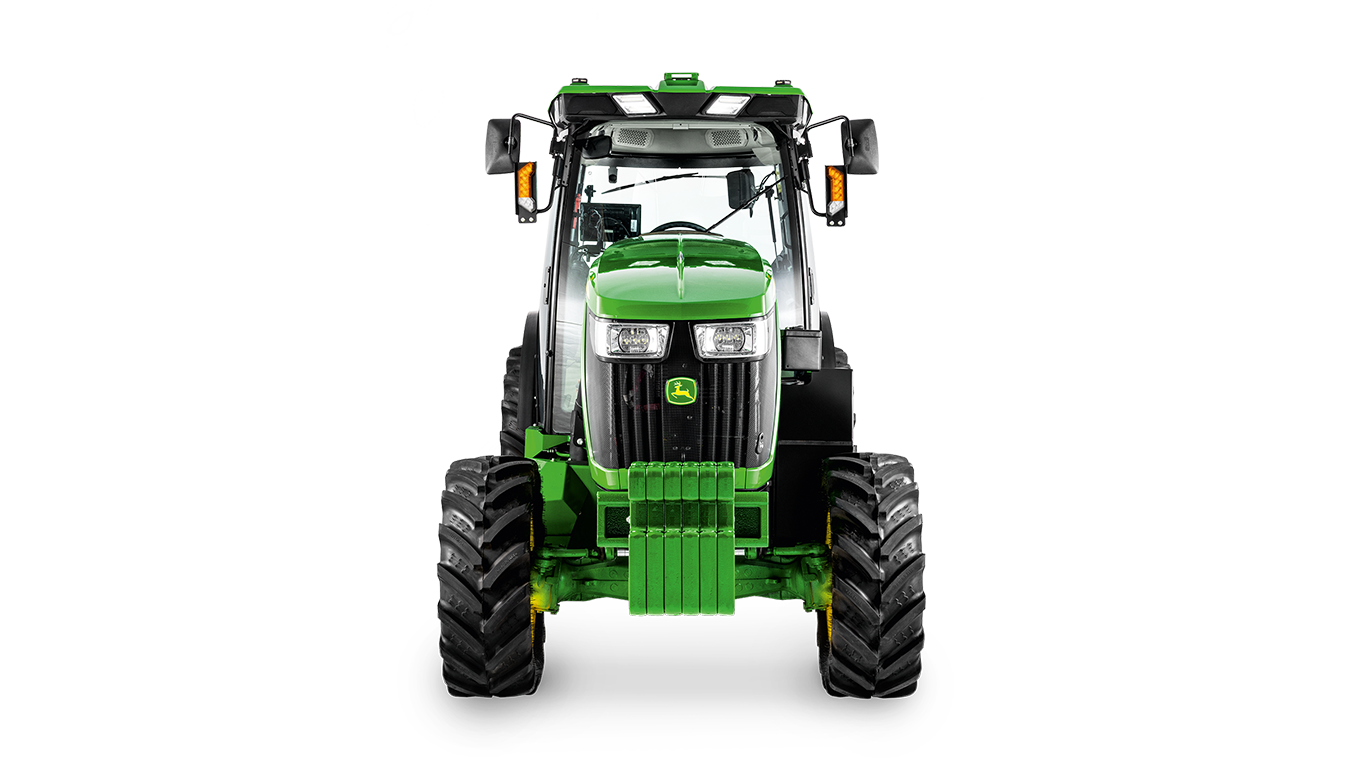 Μπροστινή όψη του τρακτέρ 5075EN της John Deere με σαφώς ορατά τα φώτα πορείας, τη σχάρα και το αντίβαρο.