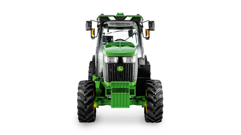 Μπροστινή όψη του τρακτέρ 5075EN της John Deere με σαφώς ορατά τα φώτα πορείας, τη σχάρα και το αντίβαρο.