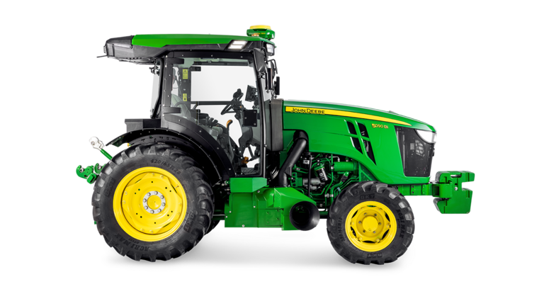 Πλευρικό προφίλ ενός τρακτέρ 5090EN της John Deere, που επισημαίνει τη σχεδίαση της καμπίνας και τα μεγάλα πίσω ελαστικά.