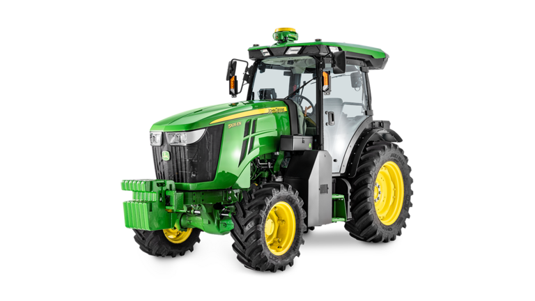 Τρακτέρ 5105EN της John Deere με καμπίνα, πράσινο σώμα και κίτρινους τροχούς, σε γωνιακή μπροστινή όψη.